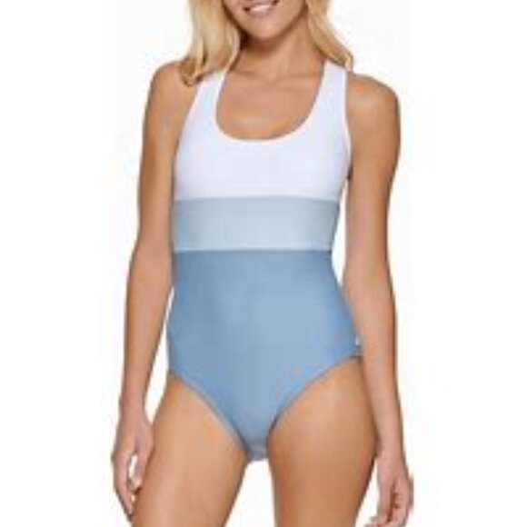 NWT! Calvin Klein Earl Blue Colorblock Crossback One Piece Swimsuit NEW! - Picture 1 of 1